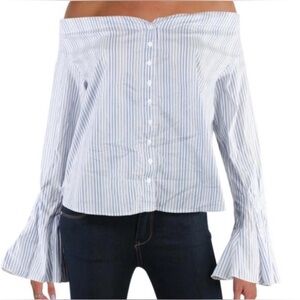 Free People Top March To The Beat Off Shoulder Blue Striped Button Blouse Large